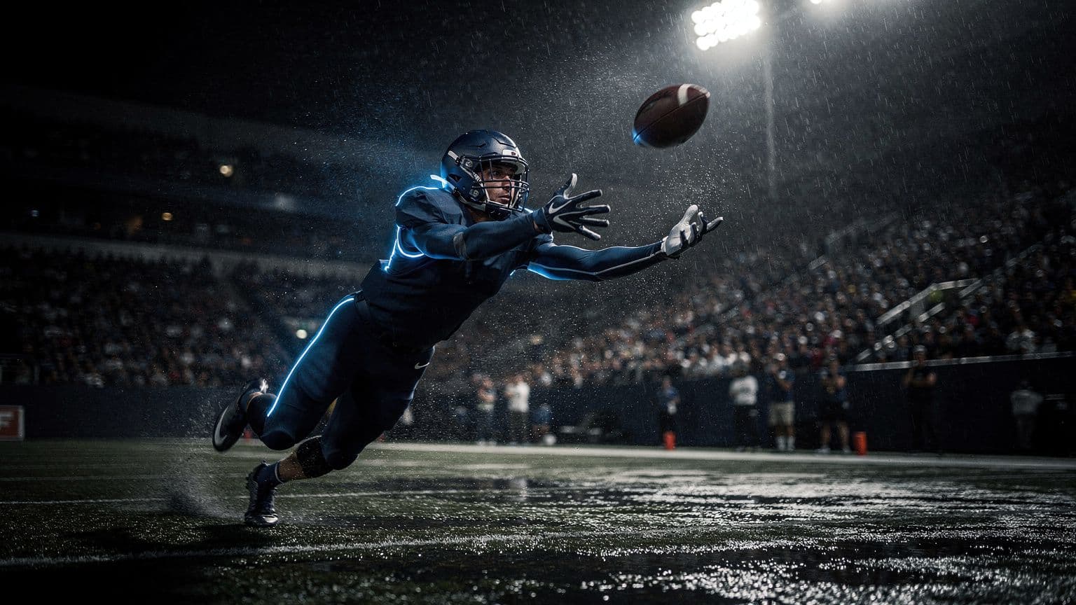 A receiver stretching for a football under stadium lights